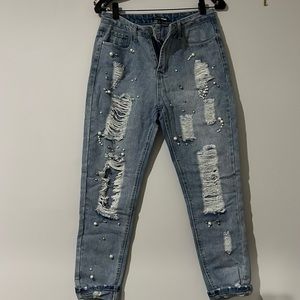 Fashion Nova Pearl and Sequences Ripped straight jeans